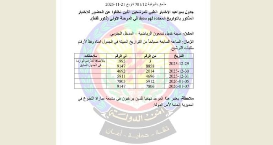 أمن الدولة تحدّد مواعيد الاختبار الطبي للمرشّحين المتخلّفين عن الحضور